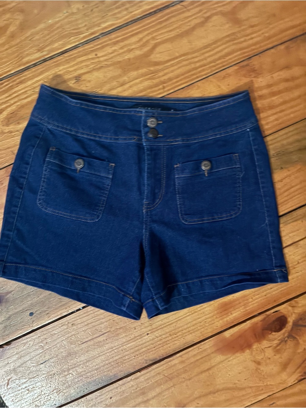 one 5 one Navy Blue High-Waist Jean Shorts with Front Patch Pockets